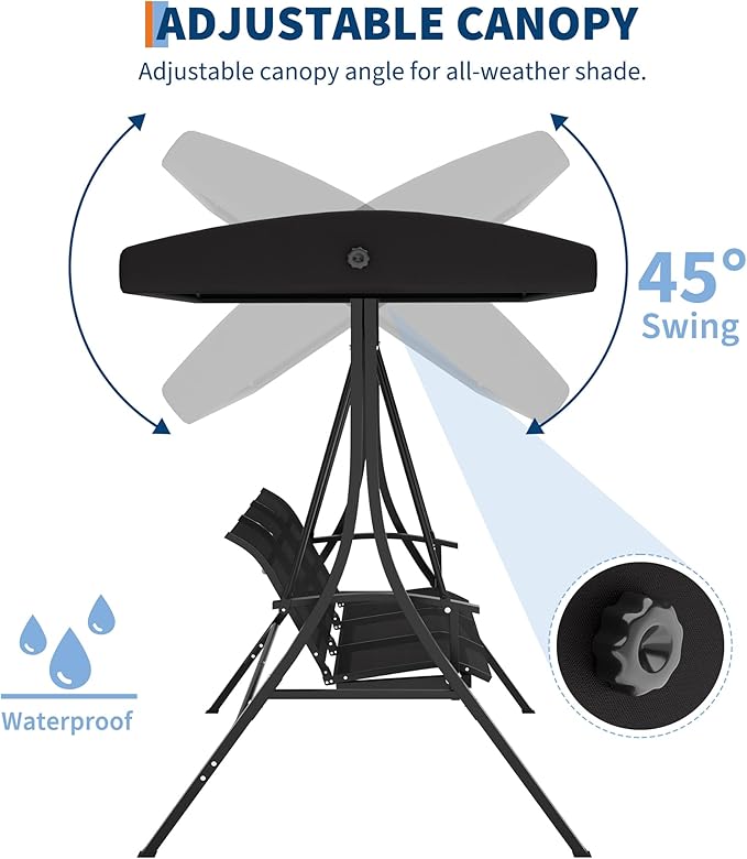 3-Seat Patio Swing Chair with Adjustable Canopy - Heavy-Duty Outdoor Porch Swing for Adults with Breathable Textilene Armrests Seat- Perfect for Backyard Poolside &amp Garden Relaxation Black