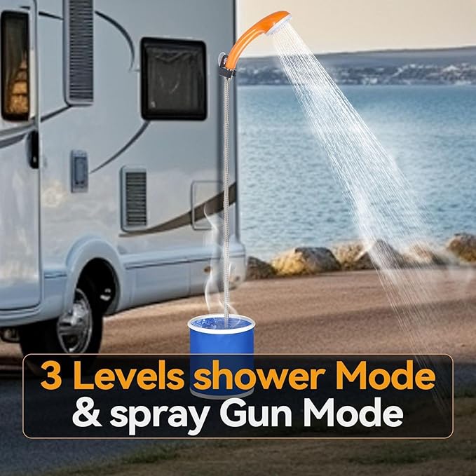 Camping Shower – 10.7x12.5x6cm ABS Orange Portable Wash System Water Pump Dispenser Spray Cleaning Device | Ideal for Car Bathing Hiking Trail Hygiene Pet Grooming Routine Outdoor Gear