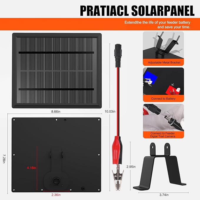 6V Solar Panel for Deer Feeder 4.5W High-Efficiency Solar Charger with Adjustable Mount Bracket Alligator Clips &amp DC Connectors Battery Maintainer for Hunting Feeder 6V Rechargeable Batteries