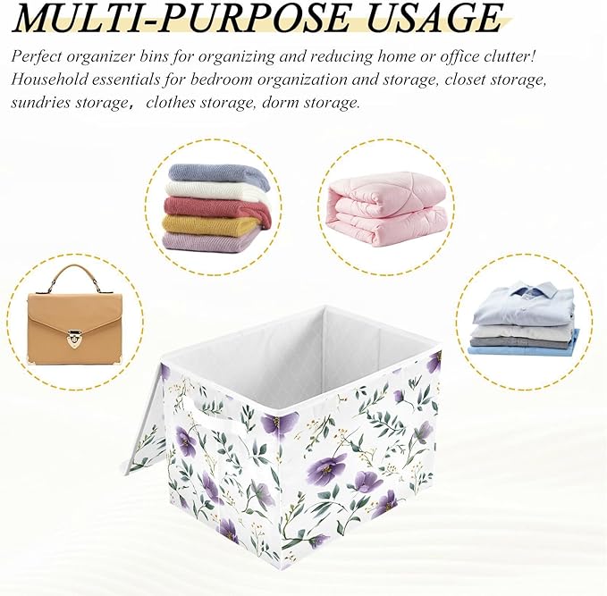 senya Baskets Collapsible Storage Bins with Lids Purple Flower Leaves Storage Boxes Clothes Baskets for Organizing