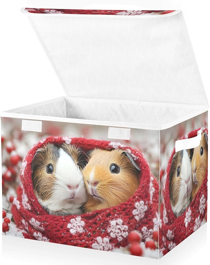 AIXIWAWA Lidded Storage Cube (Winter Guinea Pigs) Fabric Foldable Closet Bins with Flip Lid and Handles Organizer Basket Container 16.5 x 12.6 x 11.8 IN