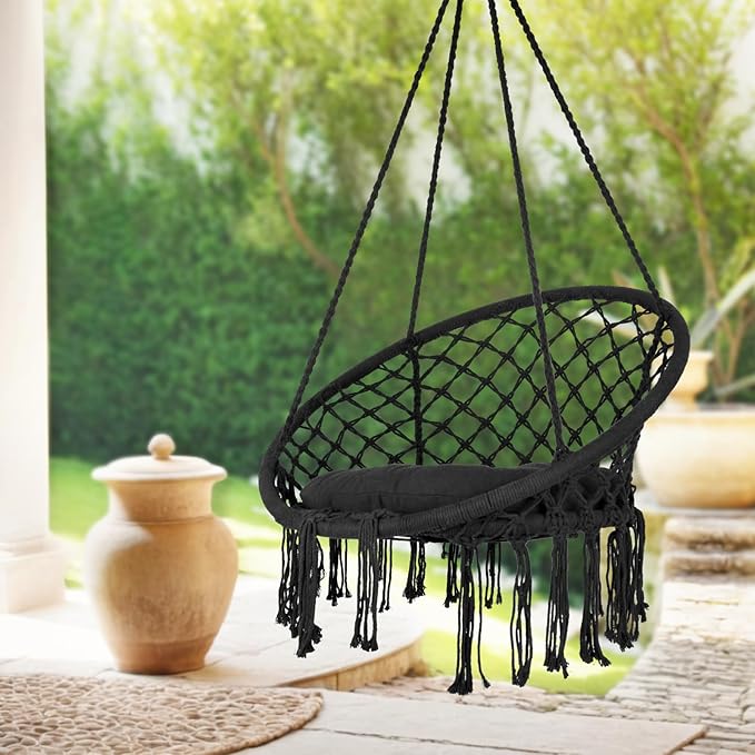 Hammock Chair Macrame Swing Cotton Rope Handwoven Hanging Chair 330 Pounds Capacity Macrame Tassels Hammock Swing for C-Hammock Stand Living Room Yard Garden Balcony (Black)