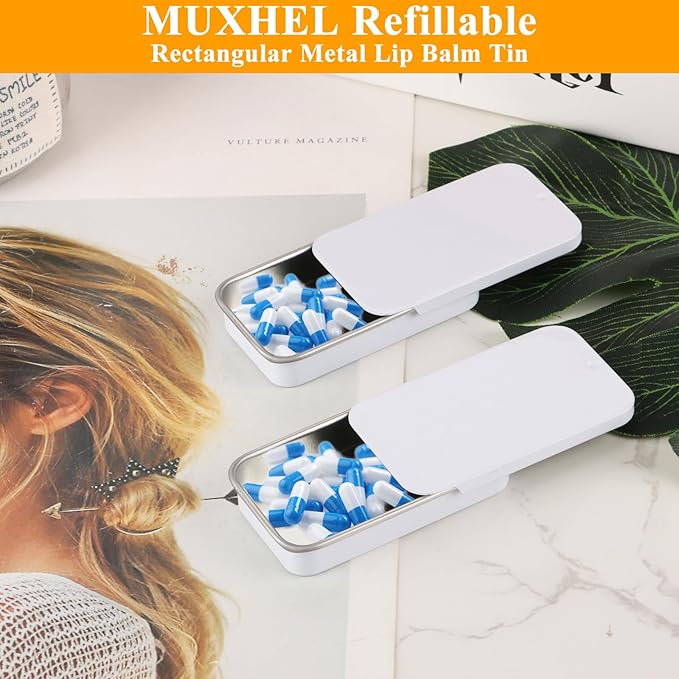 100 Pcs Slide Top Tin Containers Empty Mini Metal Tin for Lip Balm Jewelry CandiesPills Small Crafts (Gloss White)