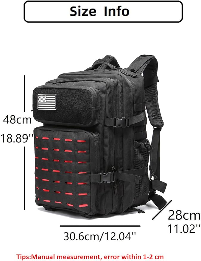 50L Tactical Military Backpack Waterproof Sturdy Bag for Hiking Camping Fishing Gym Backpack with Bottle Holder (Red Black)