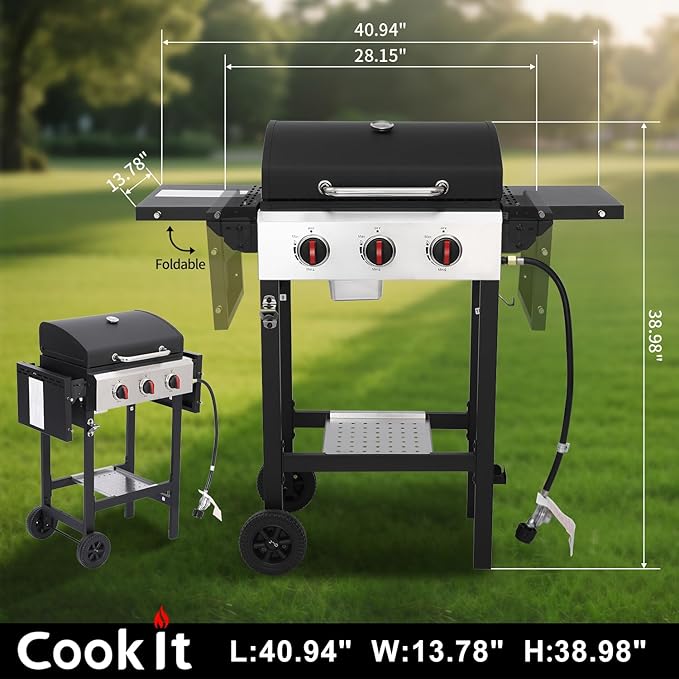 3-Burner Propane Gas Grill with Cast Iron Grate - 30000 BTU Output &amp Easy-Clean Grease Management for Perfect BBQs (3-Burner)