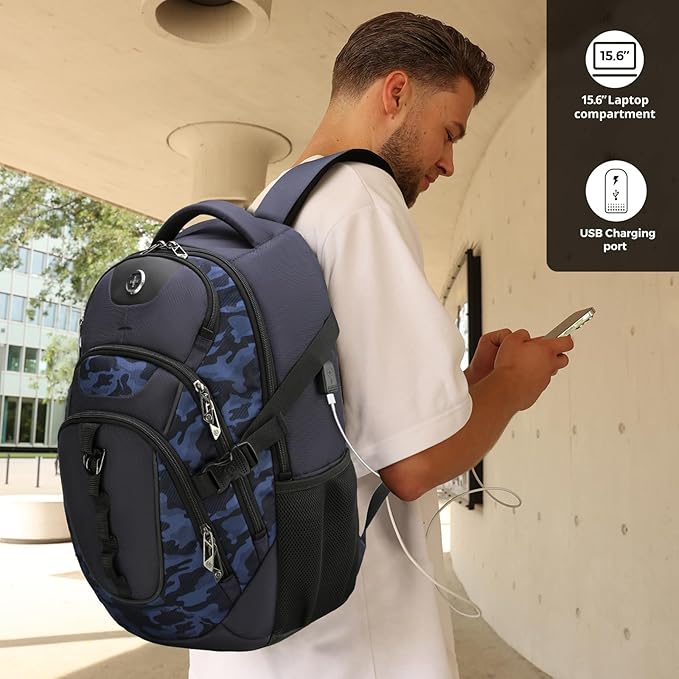 Swissdigital Design Laptop Backpack with USB Charging Port Travel Backpack Fits 15.6 inches Computer 31L College School Backpack for Men Blue Camo | SD803-92