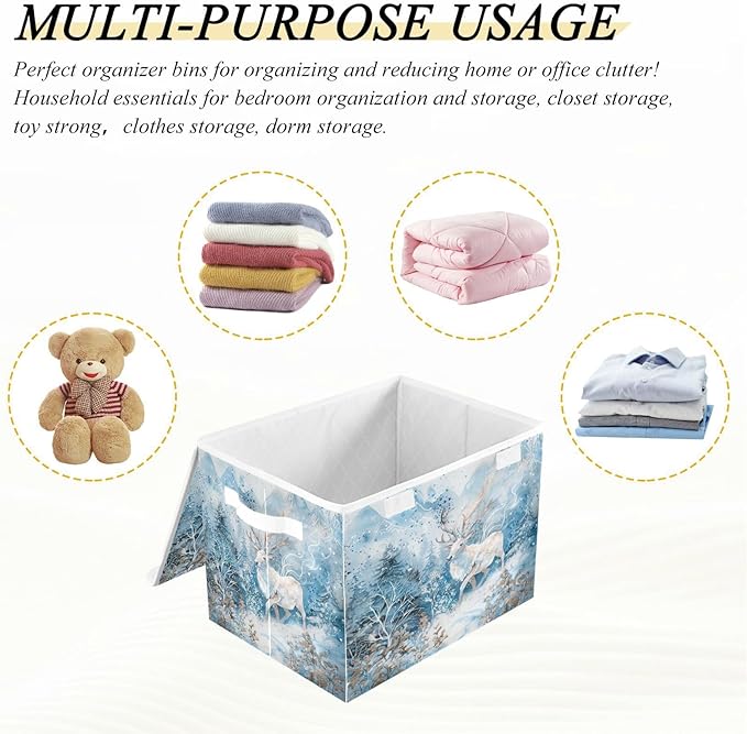 senya Winter Baskets Collapsible Storage Bins with Lids Winter White Reindeer Snow Storage Boxes Clothes Baskets for Organizing