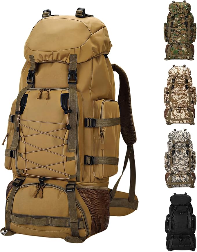 90L Camping Hiking BackpackMolle Military Tactical Rucksack BackpackWaterproof Lightweight Hiking Backpack (Khaki 90L)