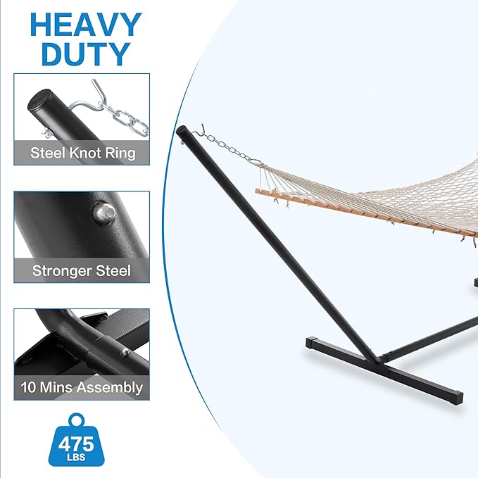 PNAEUT Double Hammock with Stand for Outside Rope Hammocks with Polyester Pad 2 Person 12ft Heavy Duty Stand Extra Pillow Storage Sidebag Max 475 lbs Capacity (Pearl White)
