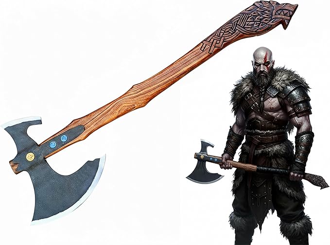 Handmade Viking Kratoss War Replica Battle AxeTwo Handed Large Vikings Axe Cosplay Real Hatchet Solid Fenrir Engraved Wood Handle SkardeNorse Mythology 38