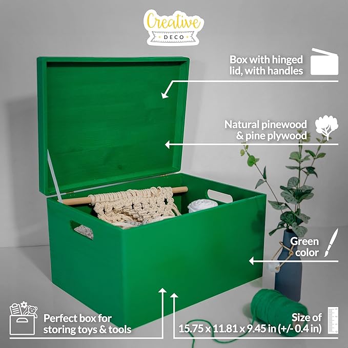 Creative Deco Large Green Wooden Box Storage with Hinged Lid | 15.8x11.8x9.44in (+-0.5) | Keepsake Gift Box Storage Document | Wood Chest Trunk PRODUCT NOT INTENDED FOR 15 YEARS OR BELOW