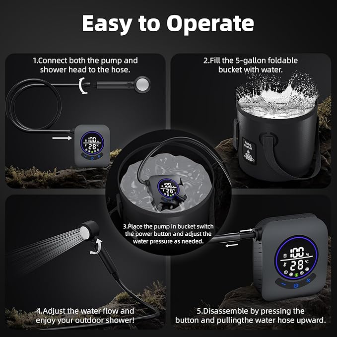 8000mAh Portable Camping Shower Upgrade Rechargeable Electric Shower Pump with 5 Gallon Bucket Intelligent LED DisplayPortable Shower for Outdoor