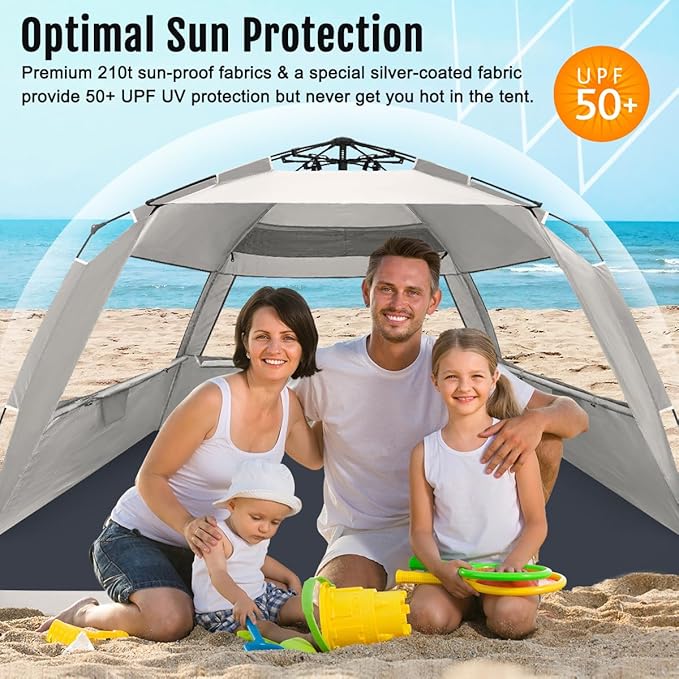 WhiteFang Deluxe Pop Up Beach Tent Sun Shade Shelter for 3-4/5-6 Person UV Protection Extendable Floor with 3 Ventilating Windows Plus Carrying Bag Stakes and Guy Lines