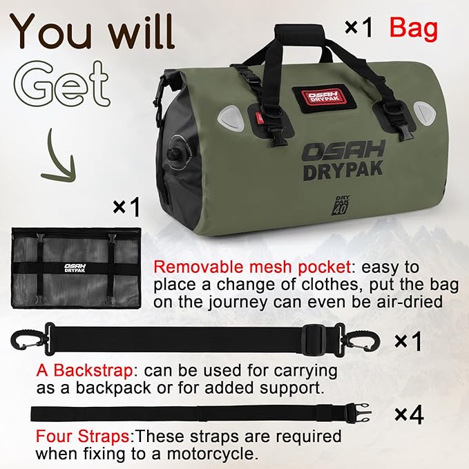OSAH DRYPAK Waterproof Duffel Bag - Motorcycle Dry Bag Tail Bag with Large Storage Space Waterproof Luggage Duffle Bags with Outer Mesh Zipper Pocket for Camping Kayaking Fishing &amp Traveling