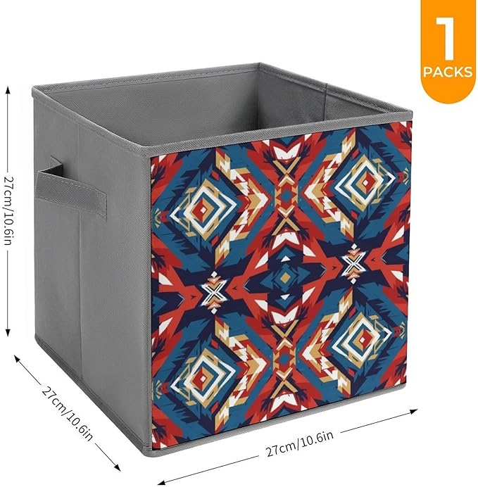Collapsible Cube Storage Organizer with Handles Aztec Red Blue Foldable Fabric Bin for Shelves Perfect for Closet Bathroom Kids' Room &amp Nursery