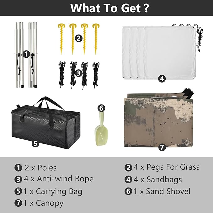 Camouflage with Grunge Elements_1 Beach Cabana UPF50+ Waterproof Portable Sun Shelter Includes Sand Shovel Sandbags Stability Poles for Camping Picnics Backyard