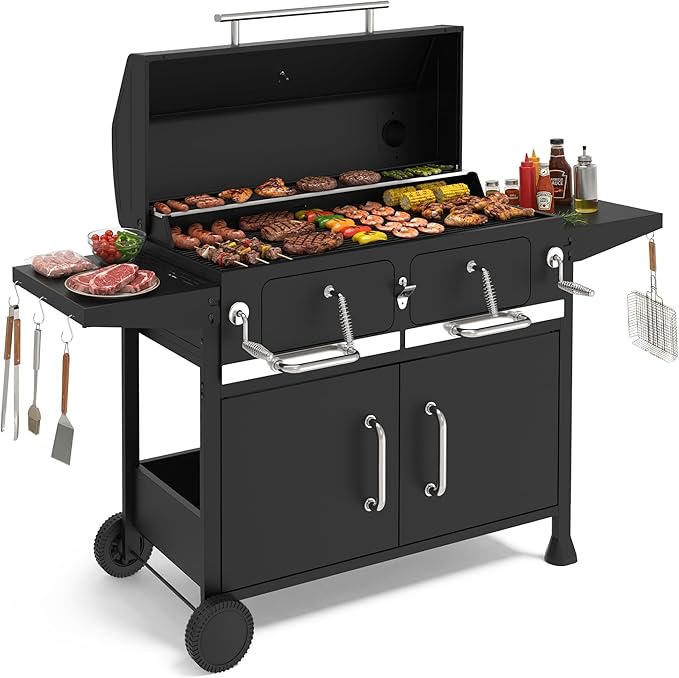 NATURAL EXPRESSIONS Charcoal Grills36 Outdoor Barbecue GrillHeavy Duty Dual-Zone Smoker Grill with 2 Lifting Charcoal TraysFoldable Side TablesOversized Cooking Area for bbqYardParty