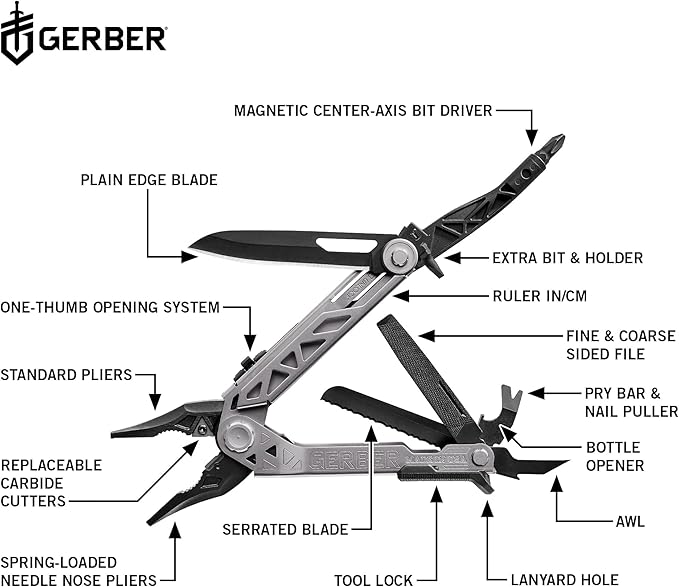 Gerber Gear Center-Drive - Bit Set &amp Berry-Compliant Sheath - 16-Piece Multipurpose Tool with Knife Wire Cutters Pry Bar Bottle Opener &amp More - Silver Black Sheath