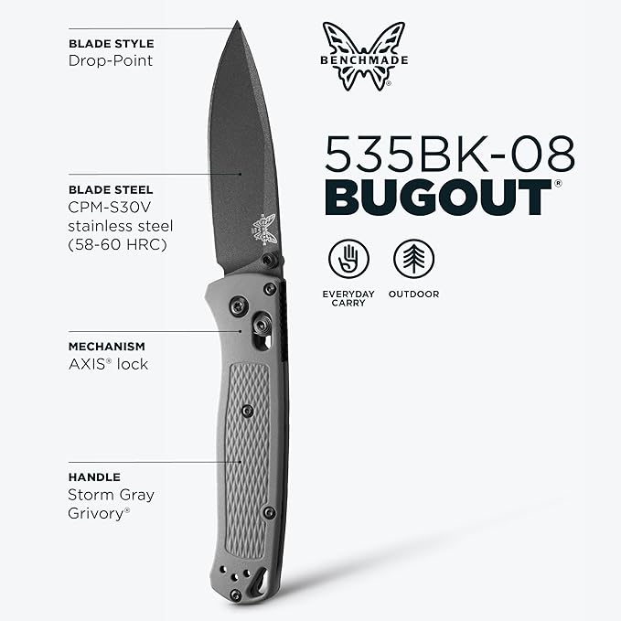 Benchmade - Bugout Outdoor EDC Folding Knife Slim Lightweight Plain Edge Drop-Point Blade CPM-S30V Stainless Steel (58-60HRC) Grivory Handle (535BK-08)