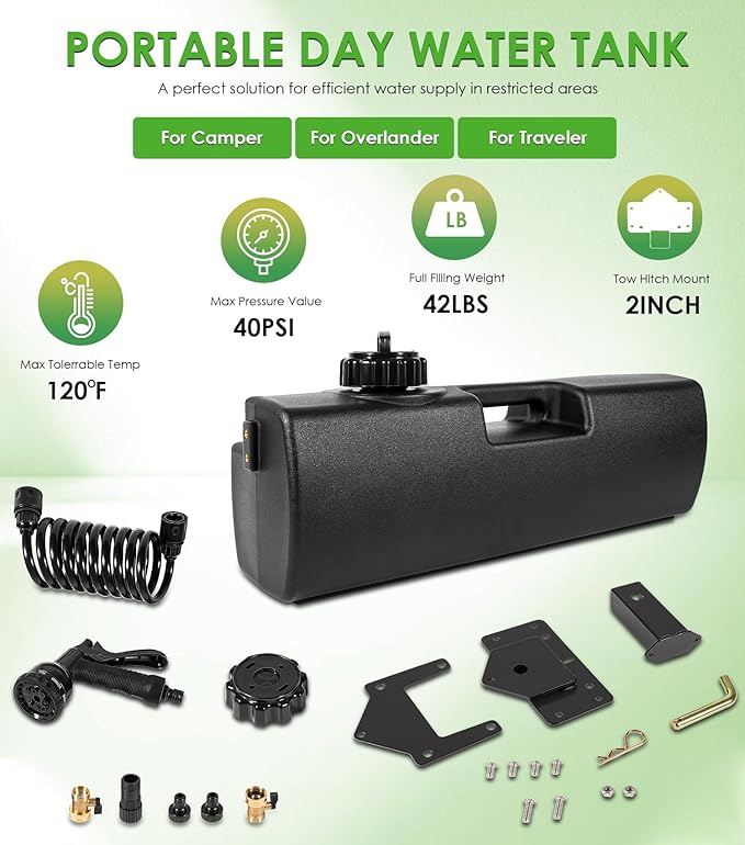4.0 Gallon Self-Pressurized Water Tank Portable Camping Shower Water Storage with Spray Hose Bumper Mount or Bed Mount for Pick-up Trucks &amp Off-Road Vehicles Outdoor Activities Water Supply