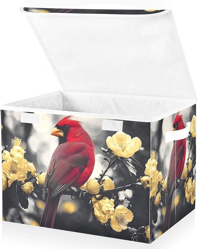 AIXIWAWA Lidded Storage Cube (Gold Flower Bird) Fabric Foldable Closet Bins with Flip Lid and Handles Organizer Basket Container 16.5 x 12.6 x 11.8 IN