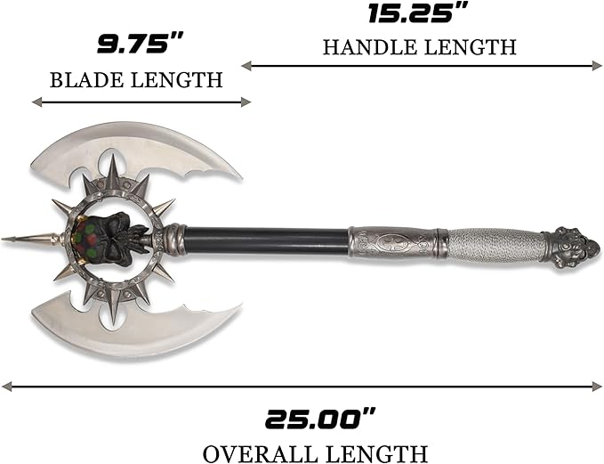 BladesUSA – Fantasy Axe – Full Size Fantasy Medieval Battle Axe Dual Blades and 11 Steel Spikes Around Center Skull. Wire Wrapped Handle Display Plaque - SW-701 – Collectible Display Replicas Silv