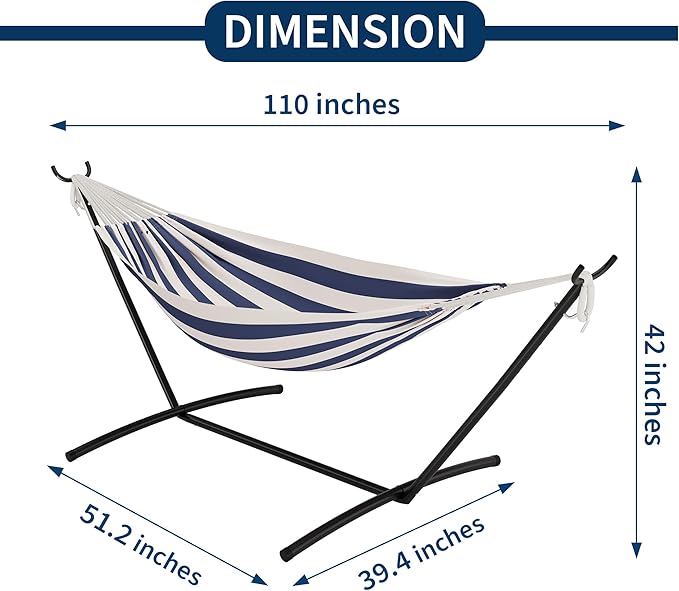 GAOMON Double Hammock with Steel Stand for Outside Portable Space Saving for Indoor Outdoor Patio w/Carrying Bag 450 lbs Capacity - Blue&ampWhite Stripes