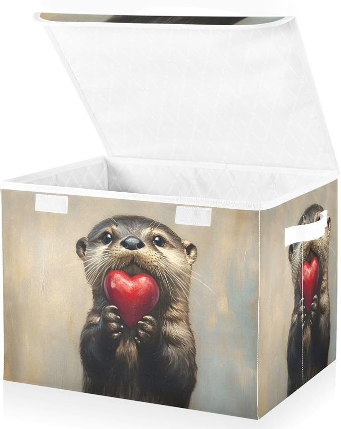 AIXIWAWA Lidded Storage Cube (Heart Otter) Fabric Foldable Closet Bins with Flip Lid and Handles Organizer Basket Container 16.5 x 12.6 x 11.8 IN