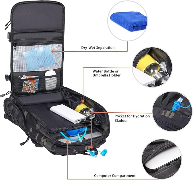 MOSISO 30L Tactical Backpack Military Daypack 3 Day Assault Rucksack Outdoor Hiking Hunting Fishing Camping Training Shoulder Bag with USA Flag Patch &amp USB Charging Port Night Camouflage