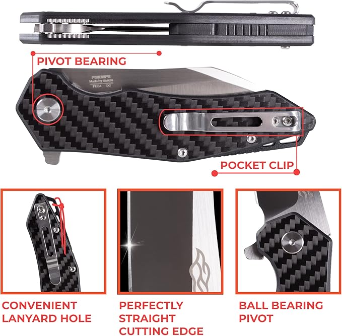 Firebird GANZO FH31 Folding Pocket Knife D2 Steel Wharncliffe Blade Ergonomic G10 Handle with Clip Hunting Fishing Flipper Camping Outdoor EDC Knife