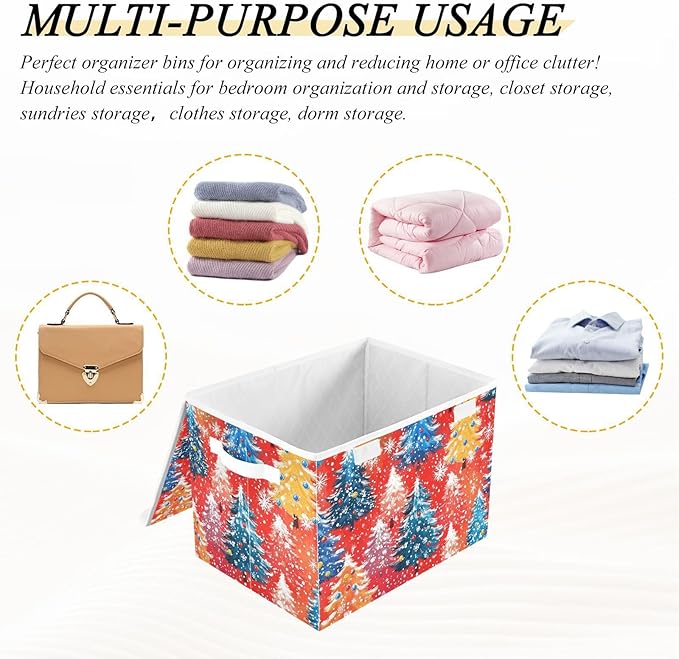 Vivid Red Christmas Trees Storage Box with Lid 1 PC Foldable Storage Bin with Lids Stackable Storage Bins Cube Closet Organizer Basket with Flip-Top Lid &amp Handles for Shoes Books Towels