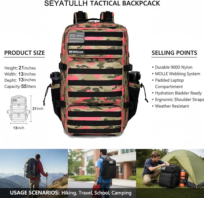 Military Tactical Backpack 55L for Men &amp Women Bug Out Bag Assault pack Molle Daypack Hiking Trekking Rucksack (Pink camouflage)