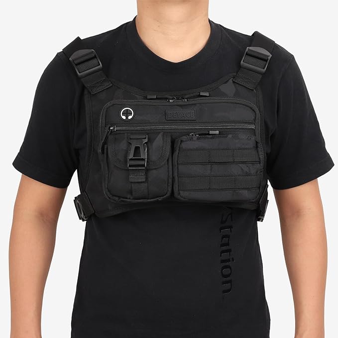 DEYACE Chest Bag For Men Tactical Inspired Sports Utility Chest Pack EDC Pouch Bag With Built-In Phone Holder for Workouts Running Cycling Black