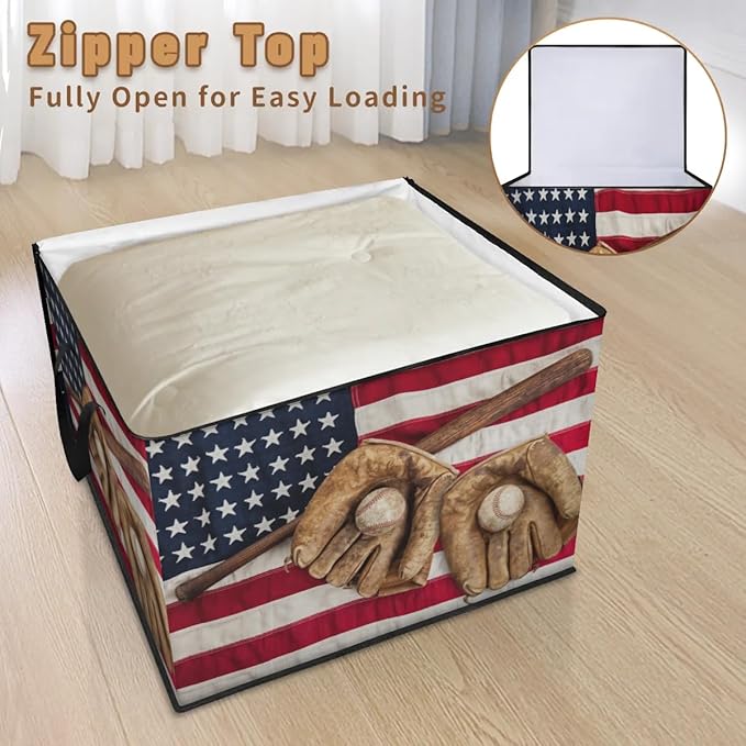 Large American Flag Storage Bags with Lid XL Blanket Clothes Storage Bins Foldable Organizers Storage Containers with Handle for Comforters Bed Sheets Pillows 4th of July Baseball