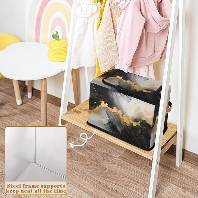 Marble Storage Bins with Zipper Lid Gold Black Marble Fabric Lidded Storage Baskets Cubes with Handles Decorative Foldable Shelf Closet Organizer Container