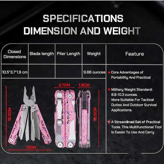 Multitool 15-in-1 Full-Size Lightweight EDC Multi-Purpose Pliers Nylon Bag Camping Knives &amp Tools Tactical Outdoor Gear Mens Gifts Ideas Gifts for Hunters Men who have Everything (Pink)