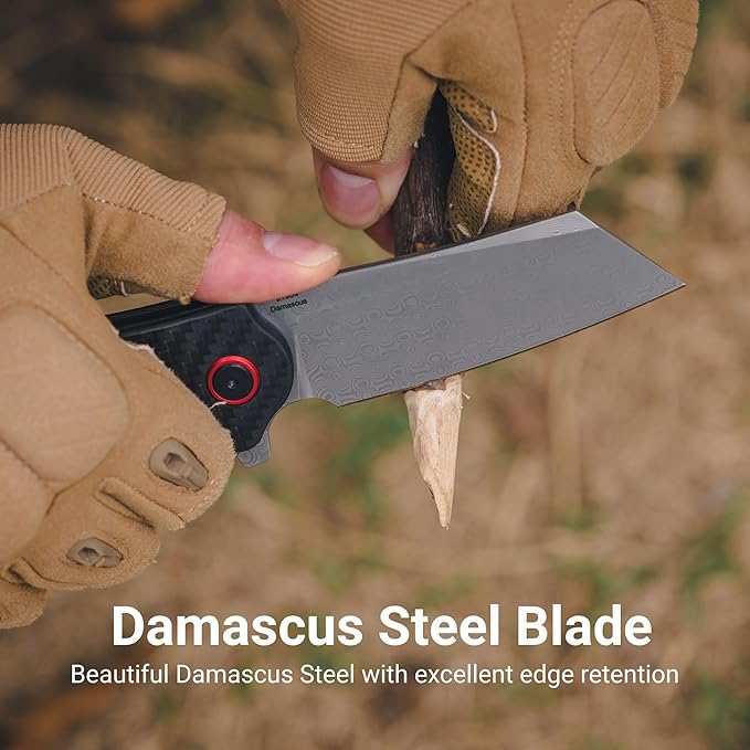 CJRB Damascus Pocket Knife for Men 3.43 Folding Knife with Carbon Fiber Handle Pocket Clip &amp Flipper Opener for Camping Hiking EDC (J1904)