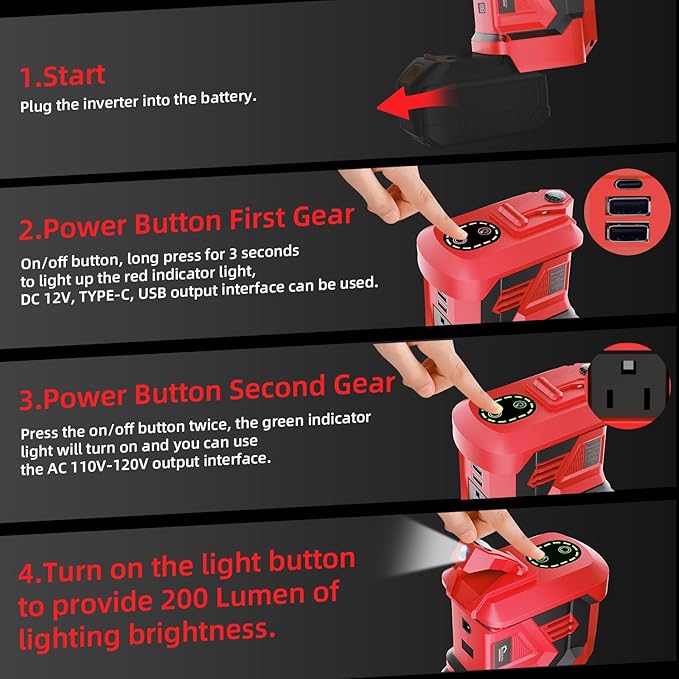 Portable Power Inverter 300WDC 18V to Ac110V-120V Powered Outlet 2 USB Ports 1 Type-C 1 Ac Outlet and Led LightCar Outdoor Camping Dedicated(No Battery-Red)