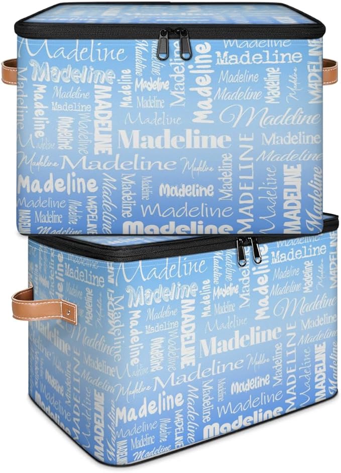 Custom Storage Basket with Name Personalized Keepsake Box with Zipper Lid Foldable Fabric Memory Bin Large capacity with Handle Blue
