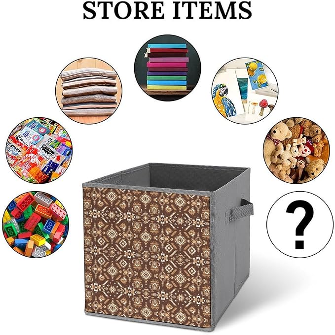 Space-Saving Fabric Storage Cubes Aztec Native American Southwestern Boho Brown Collapsible Baskets with Handles Stylish Storage Solution for Home