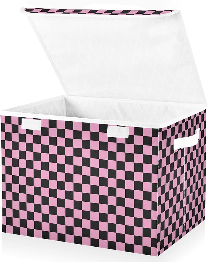 Pink Black Checkerboard Storage Baskets Lidded Bin Foldable Storage Boxes Cubes Lids with 2 Handles for Organizing Closet Home Office