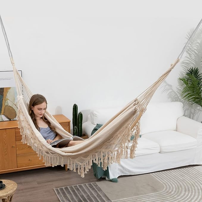 Double Boho Macrame Hammock with Elegant Tassels for Patio Yard Beach Wedding Decor Outdoor and Indoor Up to 450lbs Include Tie Ropes and Drawstring Bag