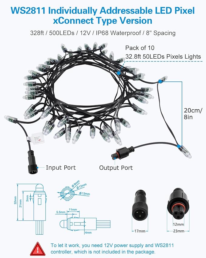 ALITOVE 12V WS2811 Pixel Lights xConnect Ends 328FT 500LEDs 12mm Diffused Digital Addressable RGB IC LED String Lights Programmable Outdoor Halloween Christmas Lights Waterproof IP68(8inch Spacing)