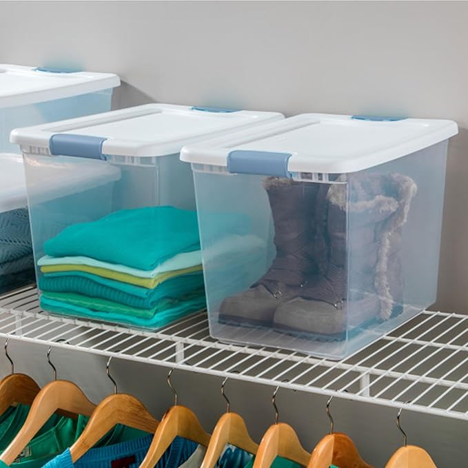 Sterilite 24-Pack Latching Box Under Bed Storage Bins with Lids Clear Plastic 25 Quart - Heavy-Duty Organizing Containers for Closet Bathroom and Office