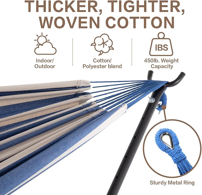 PNAEUT Double Hammocks with Stand for Outside Portable Space Saving Heavy-Duty Steel Stand for Indoor Outdoor Patio with Carrying Bag 450 lbs Capacity (Sky)
