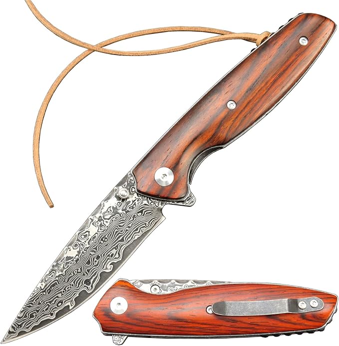 Sitivien ST240 EDC Damascus Steel Folding Knife with Dalbergia HandleVG10 Core Blade Liner Lock and Belt ClipFishing Hiking Survival Knife