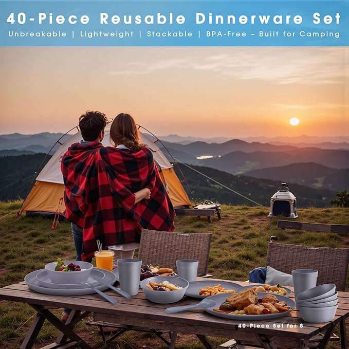 40 Piece Plastic Dinnerware Set for 8 with Cutlery Unbreakable Plates and Bowls Set Dishwasher &amp Microwave Safe Reusable Dish Set for Camping RV Outdoor Kitchen Apartment Dining Gray