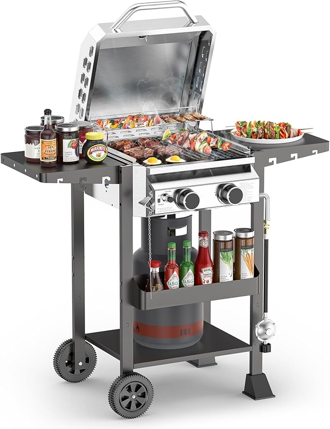 ‌2-Burner Gas Grill Stainless Steel 16000 BTU BBQ Grill with Foldable Side Shelves &amp Storage Shelf – Ideal Propane Grill for Outdoor Barbecues Patio Gatherings and Camping