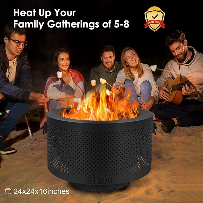 STBoo 24 Inch Smokeless Fire Pits for Outside with Portable Carrying Storage Bag Low Smoke Outdoor Fireplace for Bonfire Picnic Backyard on Beach Black XL