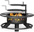 Panovue 47 Inch Outdoor Wood Burning Fire Pit with 2 GrillsExtra Large 3-in-1 Fire Pit with Metal Lid &amp Fire Poker Heavy Duty BBQ Firepits for Outside Backyard Bonfire Patio &amp Party (47''